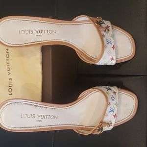 Louis Vuitton  Size W 10-11 or 41 Eu.  
White Multicolor Monogram Open Toe Heel